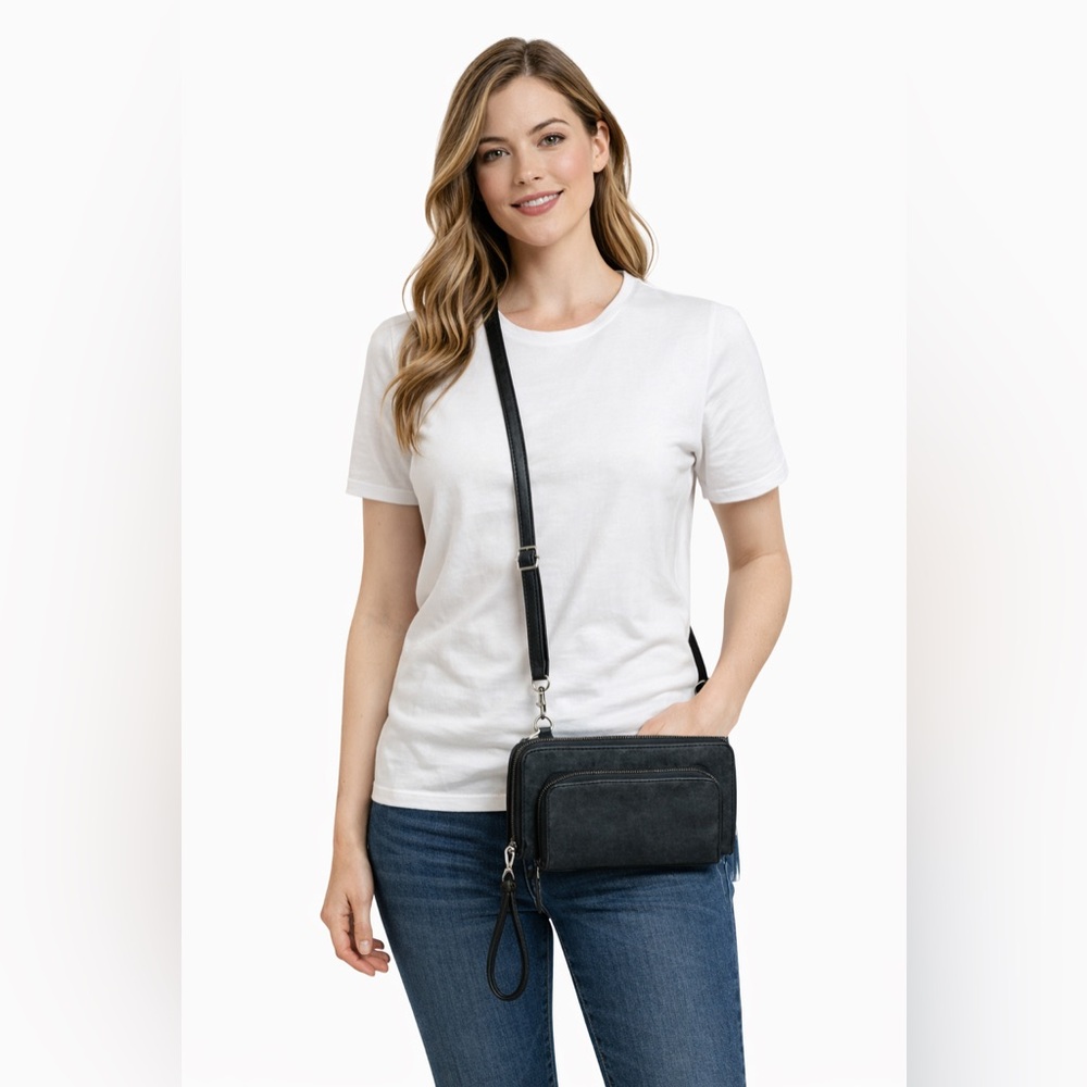Joy Susan Black Vegan Leather Crossbody Purse with Wristlet Strap - Picture 1 of 11
